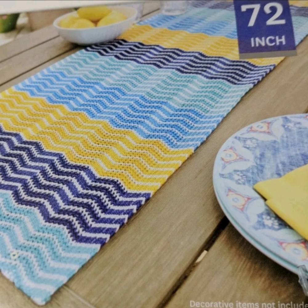 (2) 72" x 14" Olefin Blues/White/Yellow Table Runners NWT